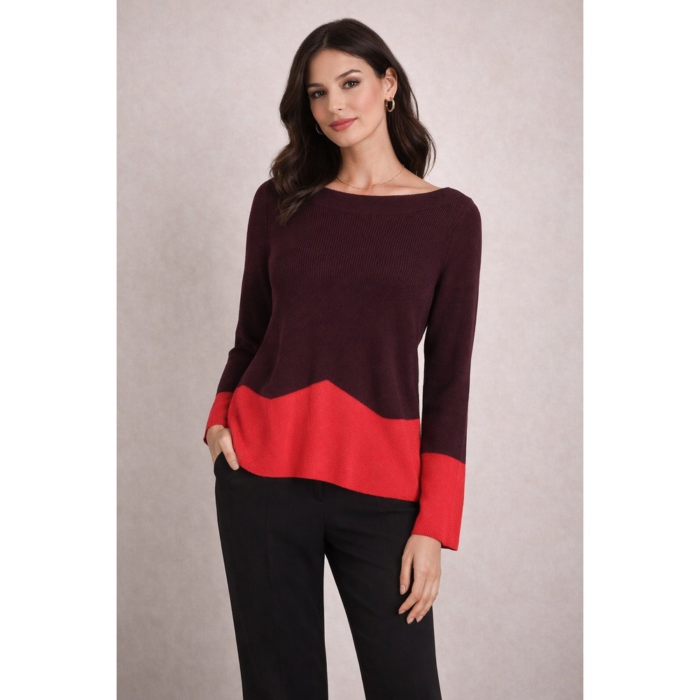 NWT Ann Taylor Womens Burgundy Red Colorblock Ribbed Boatneck Sweater Medium